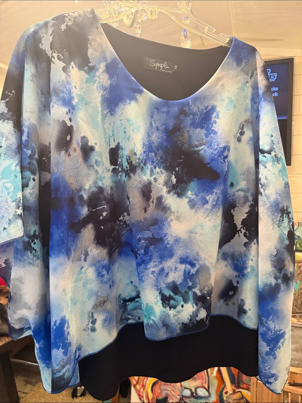Sympli Blue and Black Abstract Watercolor Pullover